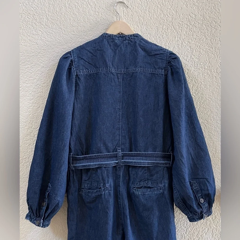 J. Crew Coverall Jumpsuit Puff Sleeve Denim Linen Casual Chic Boho Blue 10 Tall